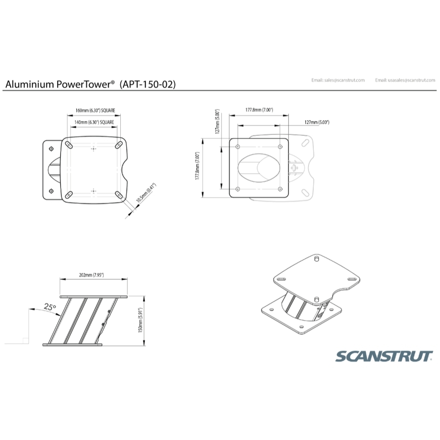 Scanstrut Aluminium PowerTower Aft-Leaning 150mm/6in for Radomes