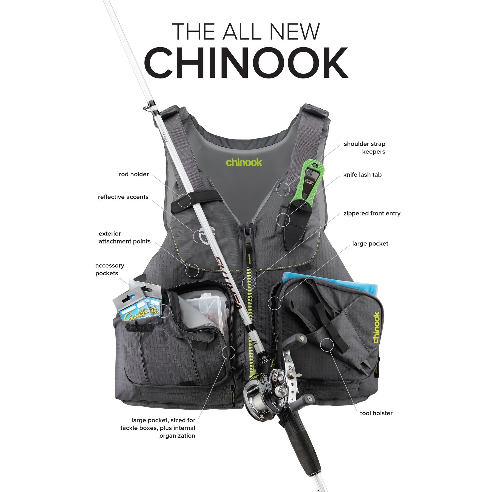 NRS Chinook Mesh Back USCG Type III Fishing PFD Charcoal 2XL
