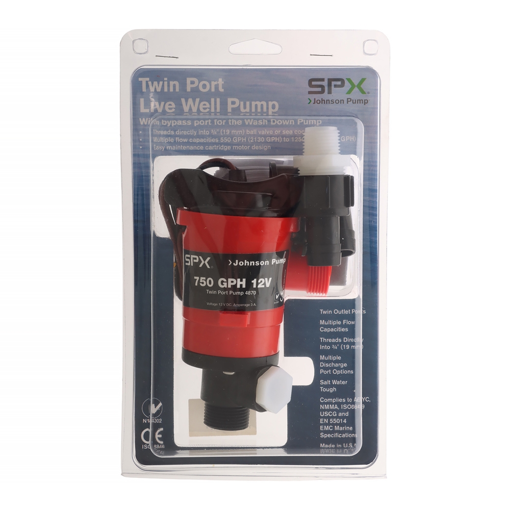 Johnson Twin Port Livewell Live Bait Tank Pump with Washdown Port 750 GPH