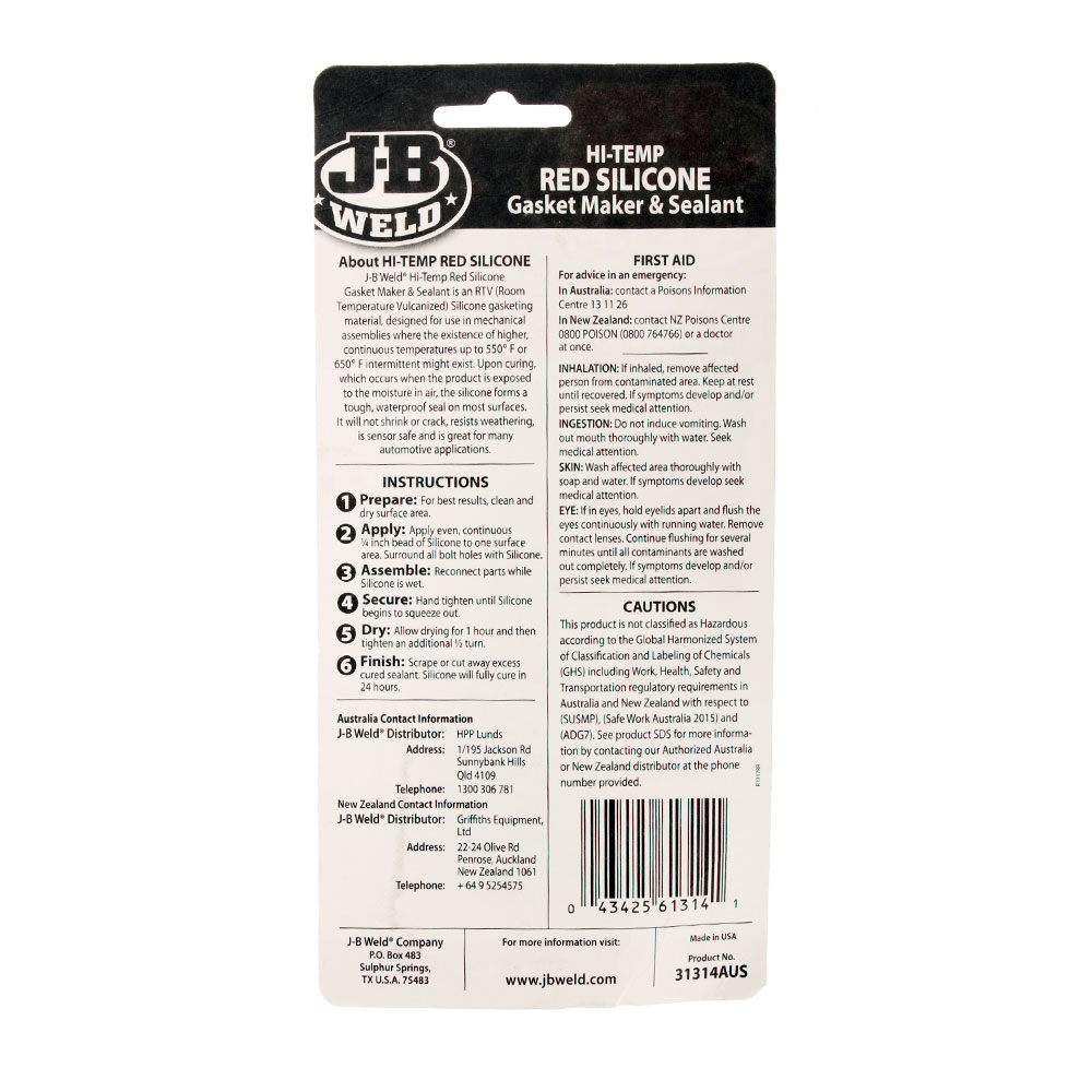 J-B Weld Hi-Temp Red RTV Silicone Gasket Maker & Sealant 85g
