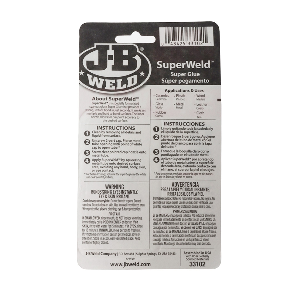 J-B Weld SuperWeld Super Glue 2g Qty 2
