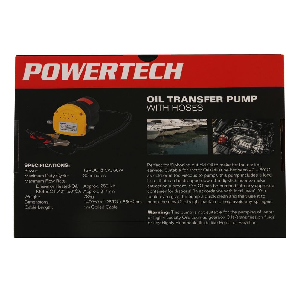 Powertech Oil Transfer Pump with 1.2m Hose 12VDC 5A 60W