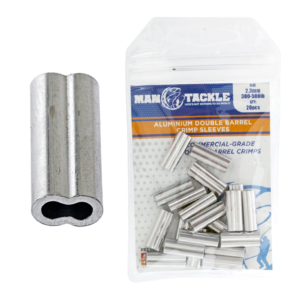 ManTackle Aluminium Double Barrel Crimp Sleeves 2.3mm 300-500lb Qty 20 ManTackle Aluminium Double Barrel Crimp Sleeves 2.3mm 300-500lb Qty 20