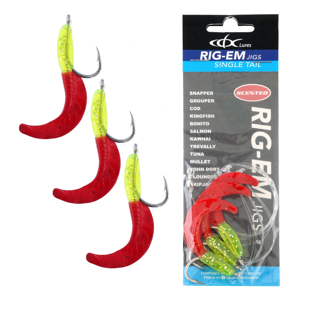 CDX Rig-Em Single Tail Soft Jig Rig 7cm Fluoro Red/Chartreuse