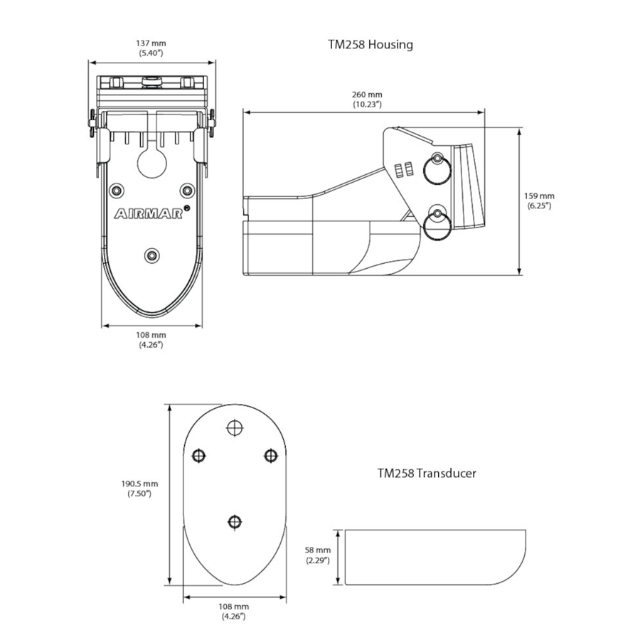 Airmar TM258-21HB 50/200kHz 1kW Transom Mount Transducer with V2 Bracket Humminbird 21-Pin