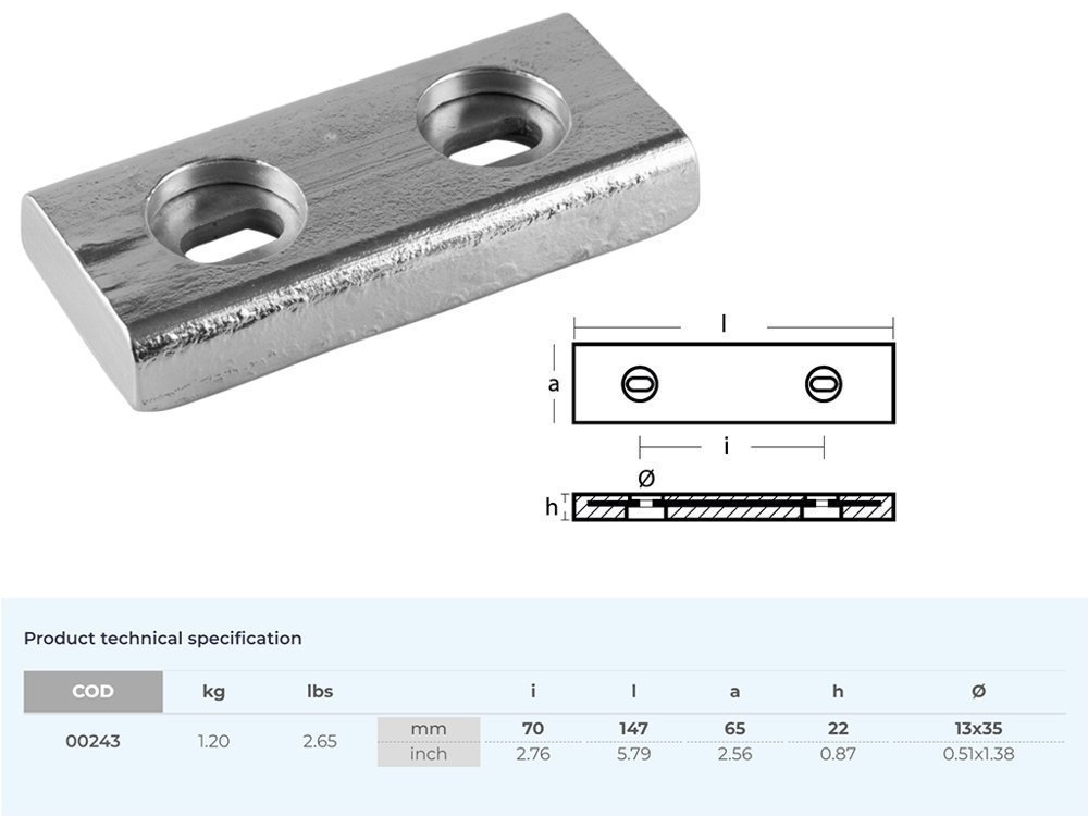 Tecnoseal Zinc Anode Bolt-on Block HC70 147x65x22mm