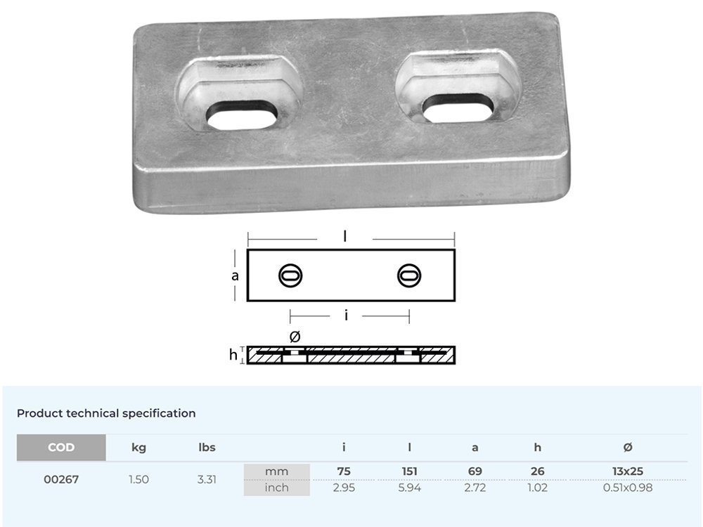 Tecnoseal Zinc Anode Bolt-on Block HC75 151x69x25mm