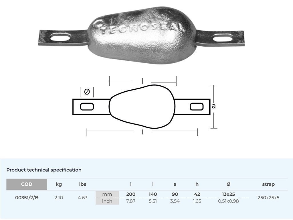 Tecnoseal Zinc Anode Bolt-on Tear Drop HC200 2.1kg