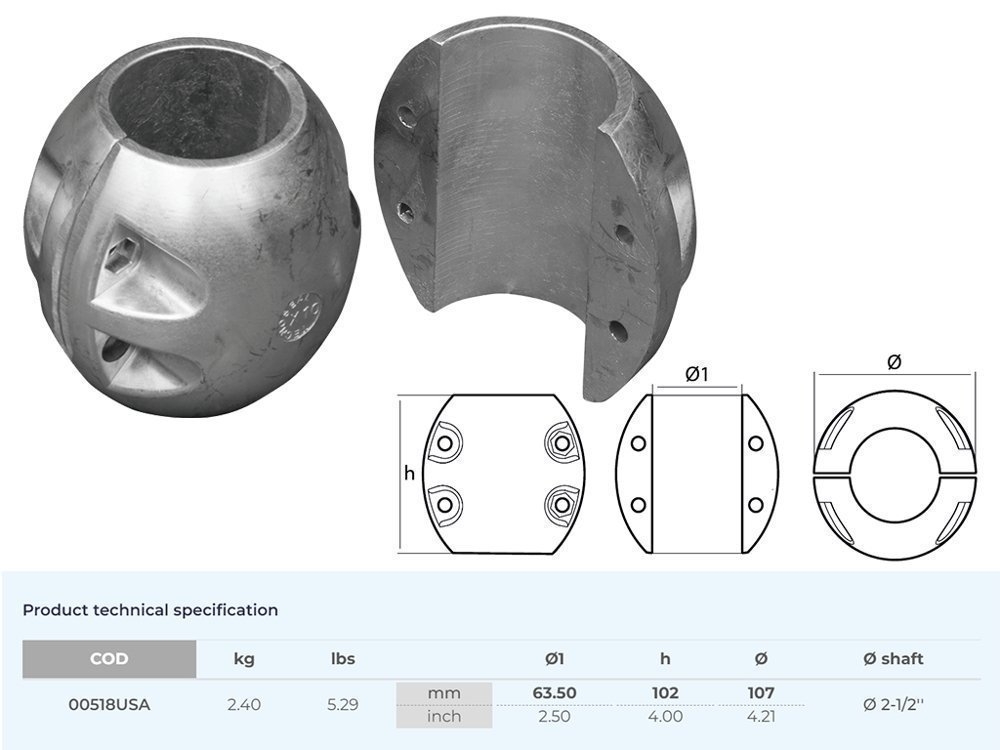 Tecnoseal Zinc Anode Shaft USA Type 63.5mm Diameter 1/2in