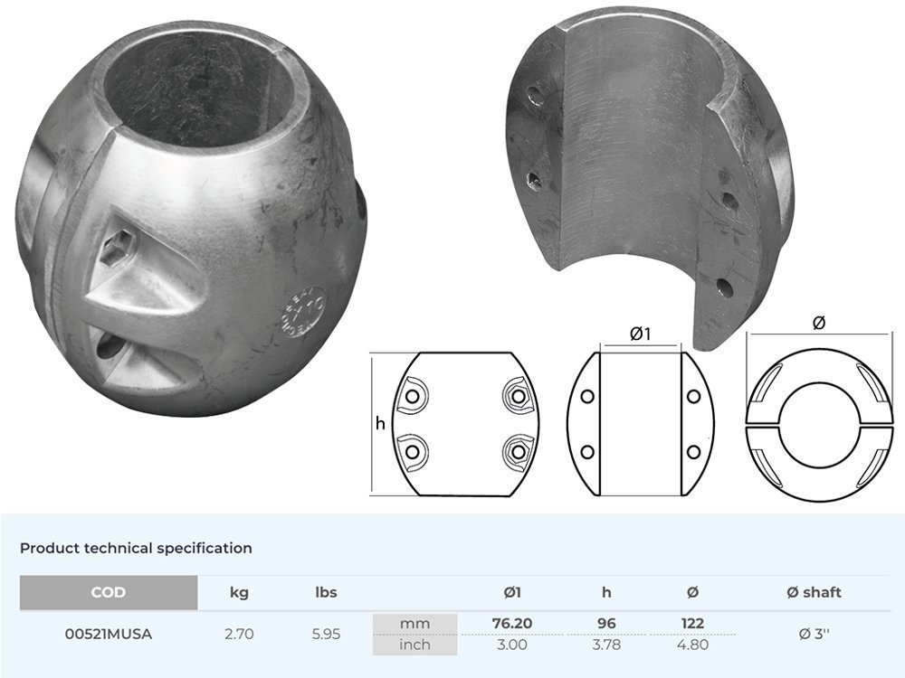 Tecnoseal Zinc Anode Shaft USA Type 76.2mm Diameter 3in