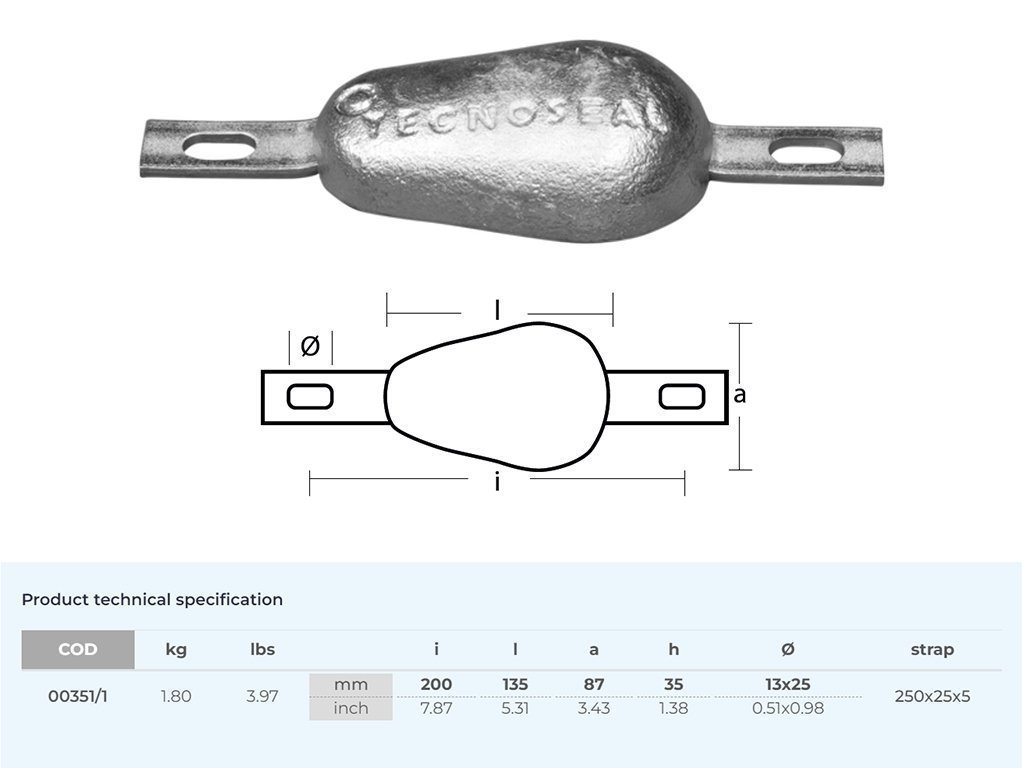 Tecnoseal Zinc Anode Bolt-on Tear Drop HC200 1.8kg 