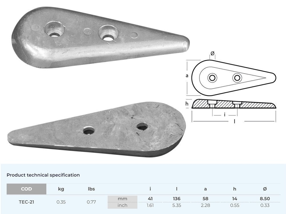 Tecnoseal Zinc Anode Plate Tear Drop 35kg 136x58x14mm Pair