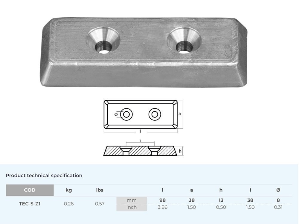 Tecnoseal Zinc Anode Plate Sea Strainer 98.4x38.1x12.7mm