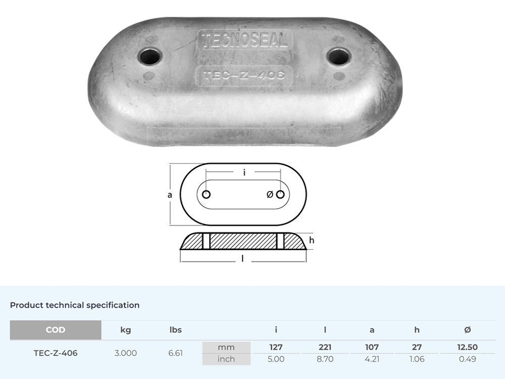 Tecnoseal Zinc Anode Plate USA Series 216x106x28mm