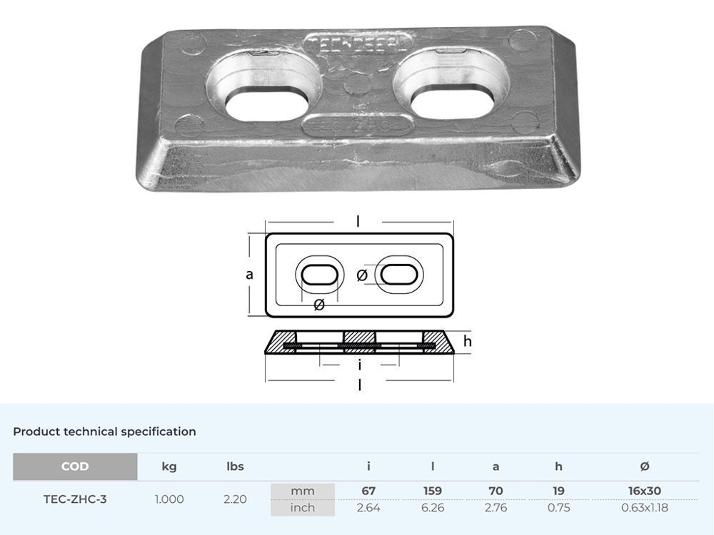 Tecnoseal Zinc Anode Plate USA Series 159x70x19mm