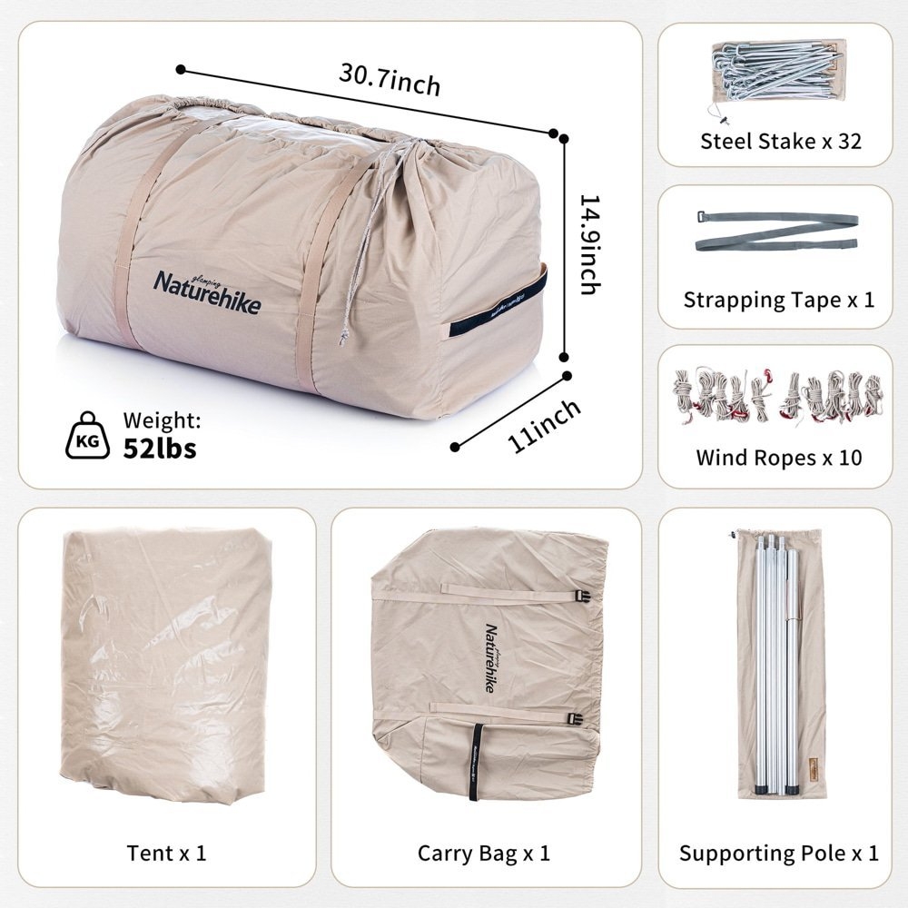 Naturehike Cotton Canvas Luxury 4 Person Glamping Tent Green