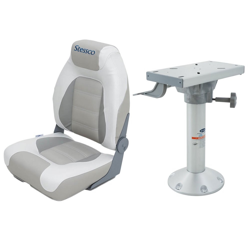 Stessco Premium Folding Skipper Boat Seat with Eastsun Fixed Boat Seat Pedestal