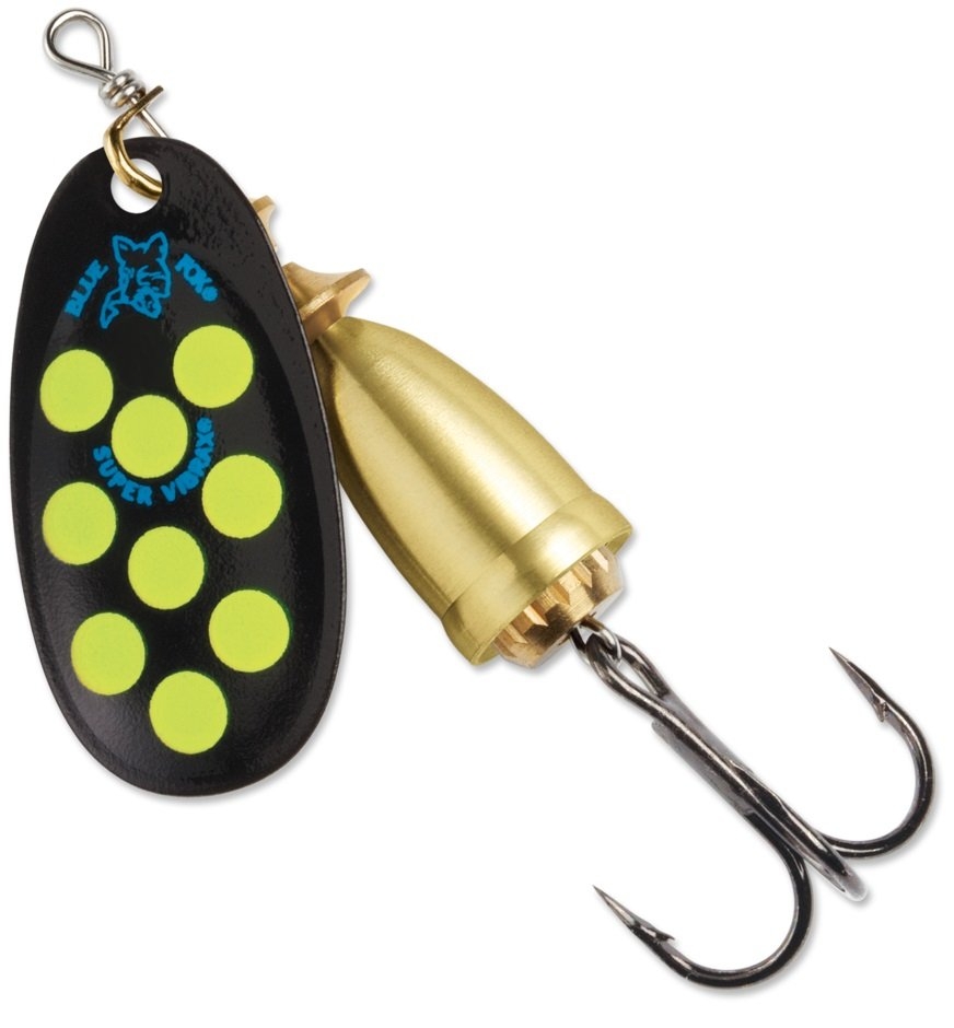 Blue Fox Vibrax Mid Depth Spinner Lure 8g Black Yellow Dots