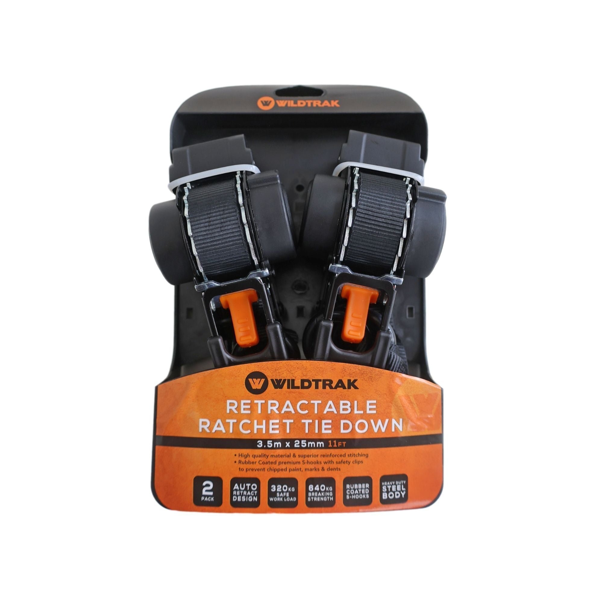 Wildtrak Heavy-Duty Retractable Ratchet Tie Down Strap 3.5m x 25mm Qty 2