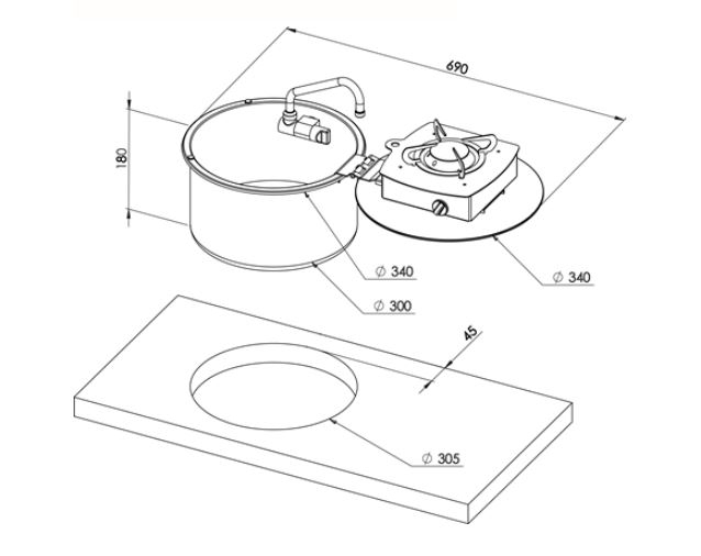 CAN Round Flap Hob Unit with Retractable Sink