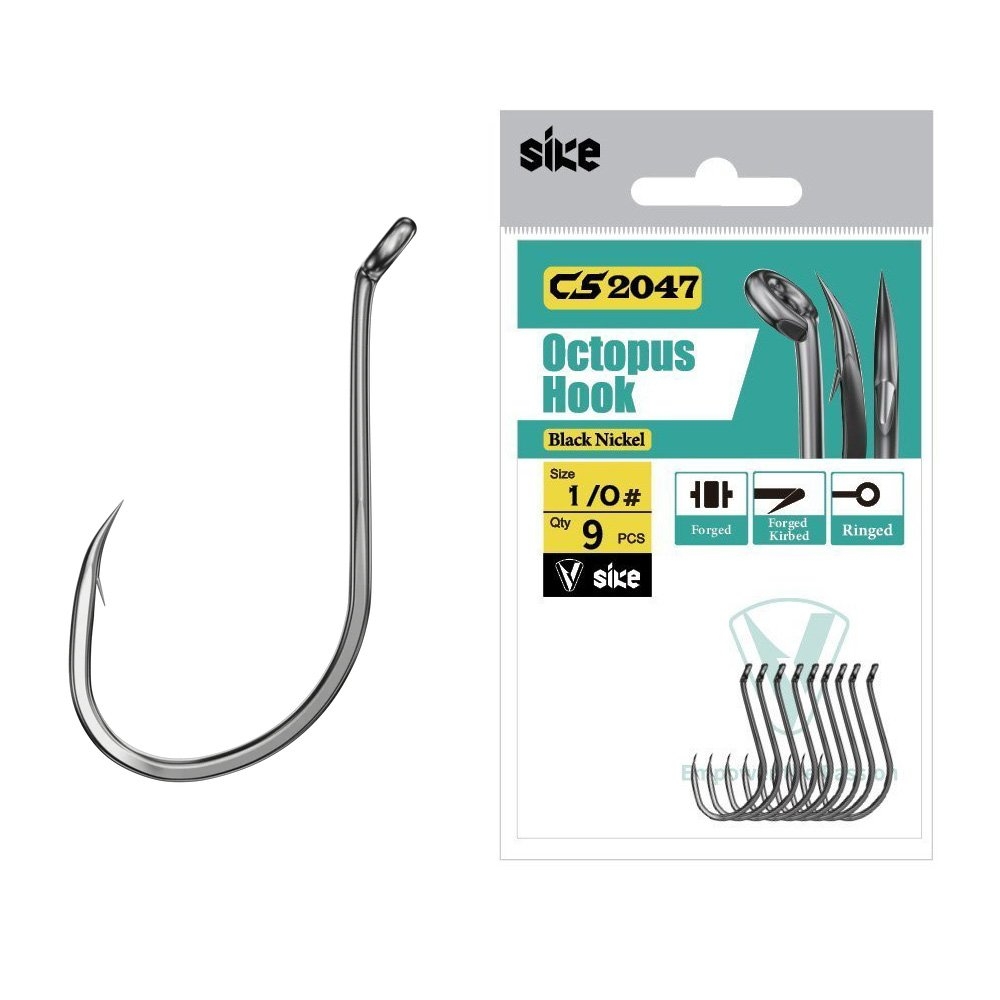 Sike CS2047 Black Nickel Octopus Hooks 1/0 Qty 9