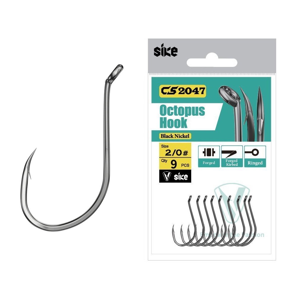 Sike CS2047 Black Nickel Octopus Hooks 2/0 Qty 9