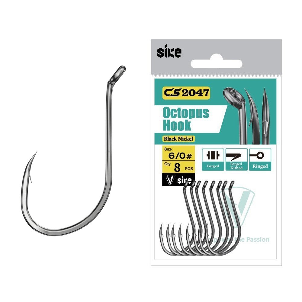 Sike CS2047 Black Nickel Octopus Hooks 6/0 Qty 8