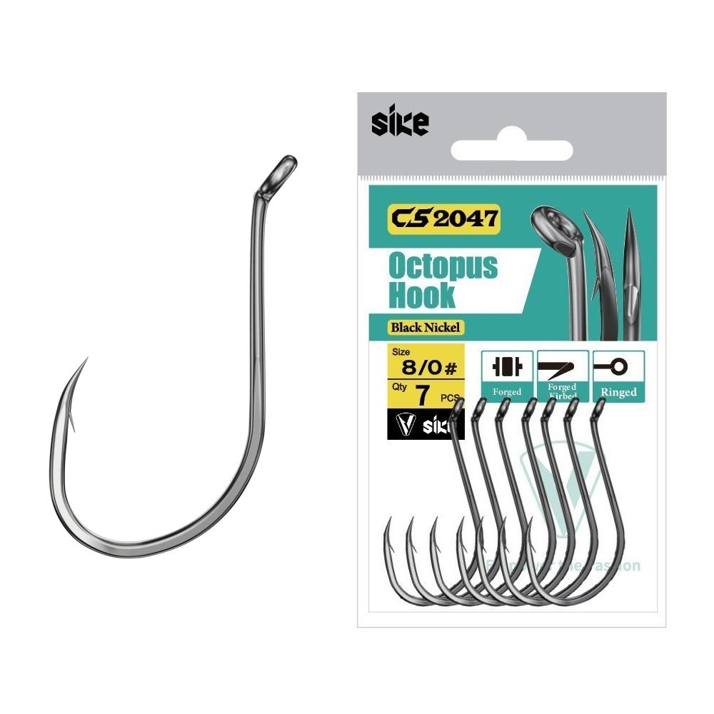 Sike CS2047 Black Nickel Octopus Hooks 8/0 Qty 7