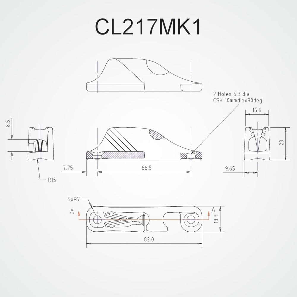 Clamcleat CL217 MK1 Side Entry Fairlead Starboard Silver