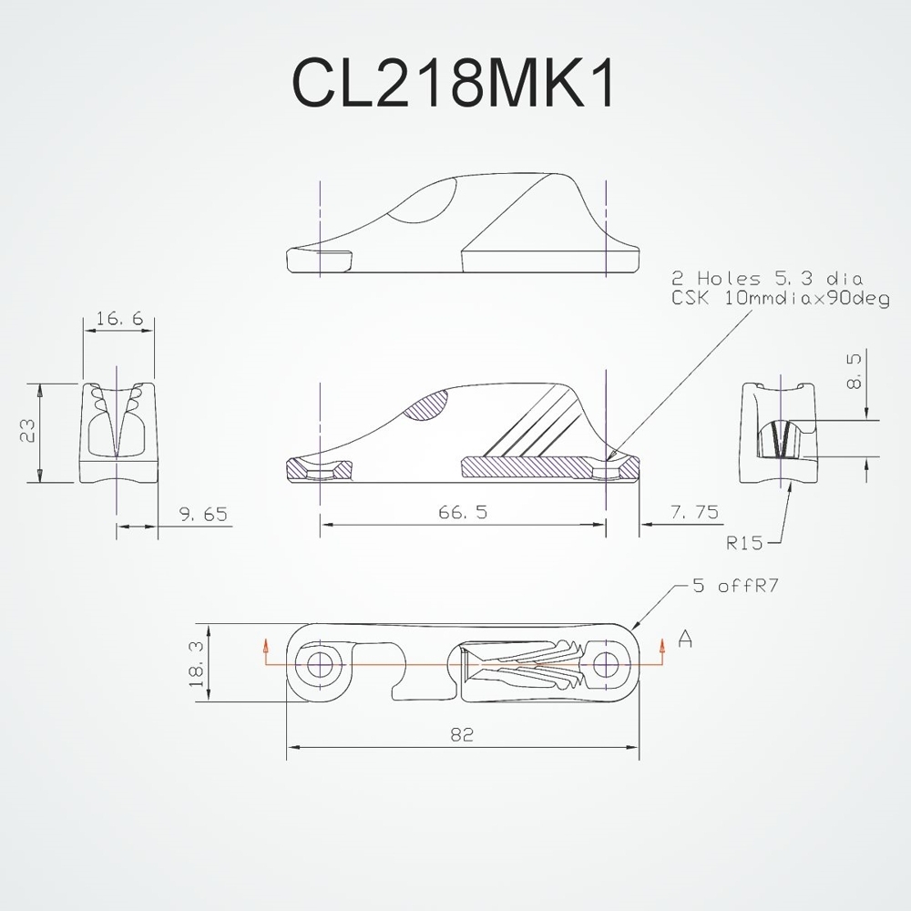 Clamcleat CL218 MK1 Side Entry Fairlead Port Silver