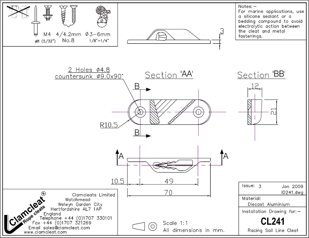 Clamcleat CL241 Racing Sail Line Cleat Port Silver