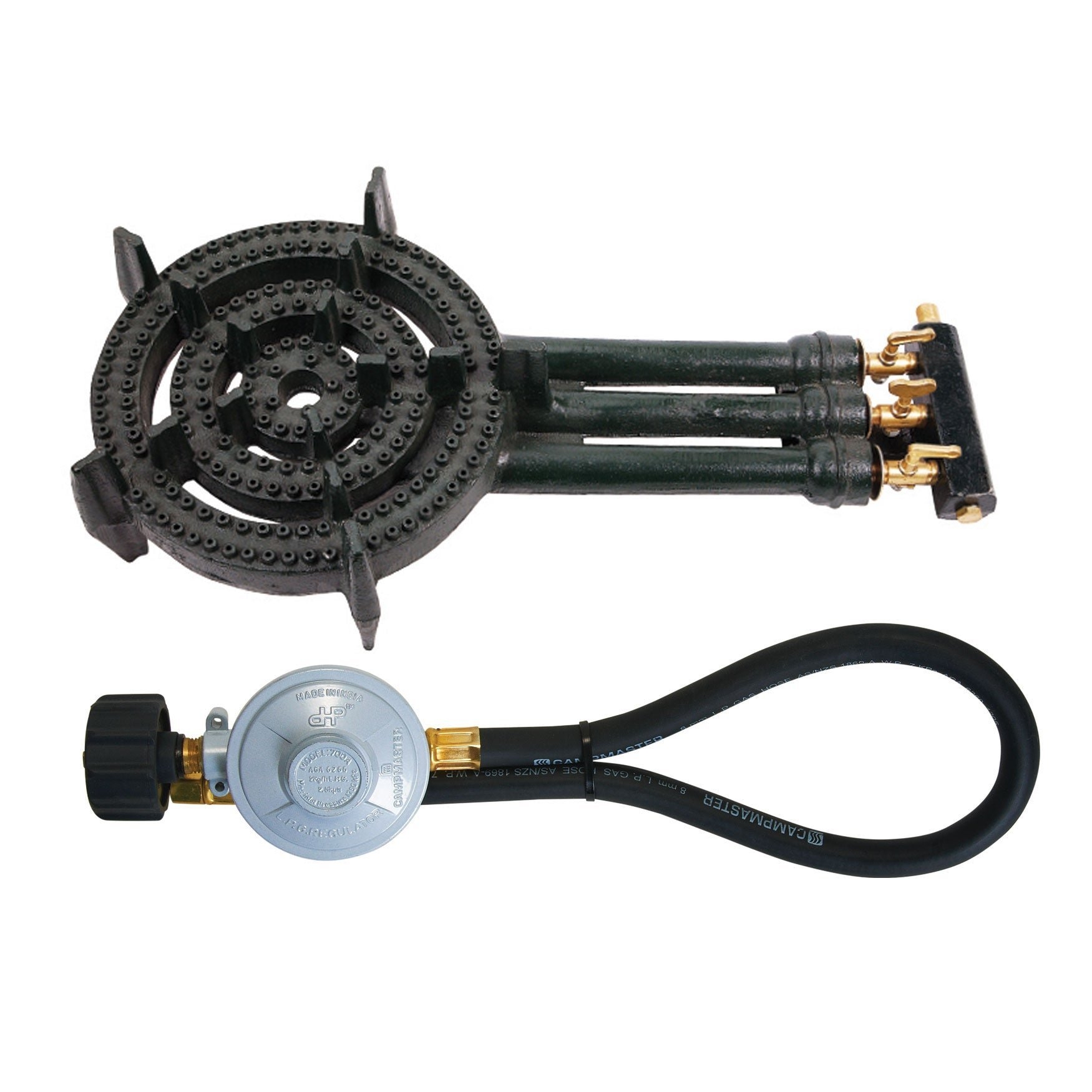 Campmaster Treble Cast Iron Gas Ring Burner with QCC Regulator 270mm