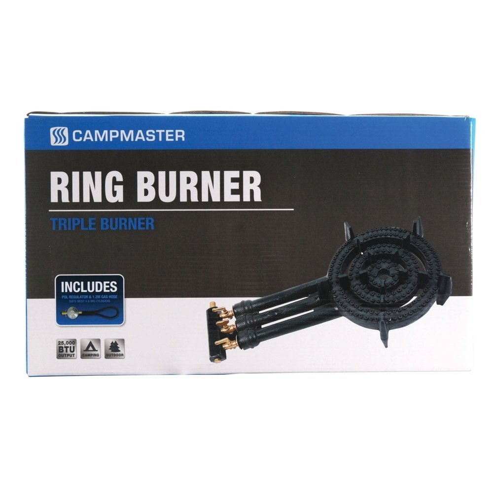 Campmaster Treble Cast Iron Gas Ring Burner with QCC Regulator 270mm