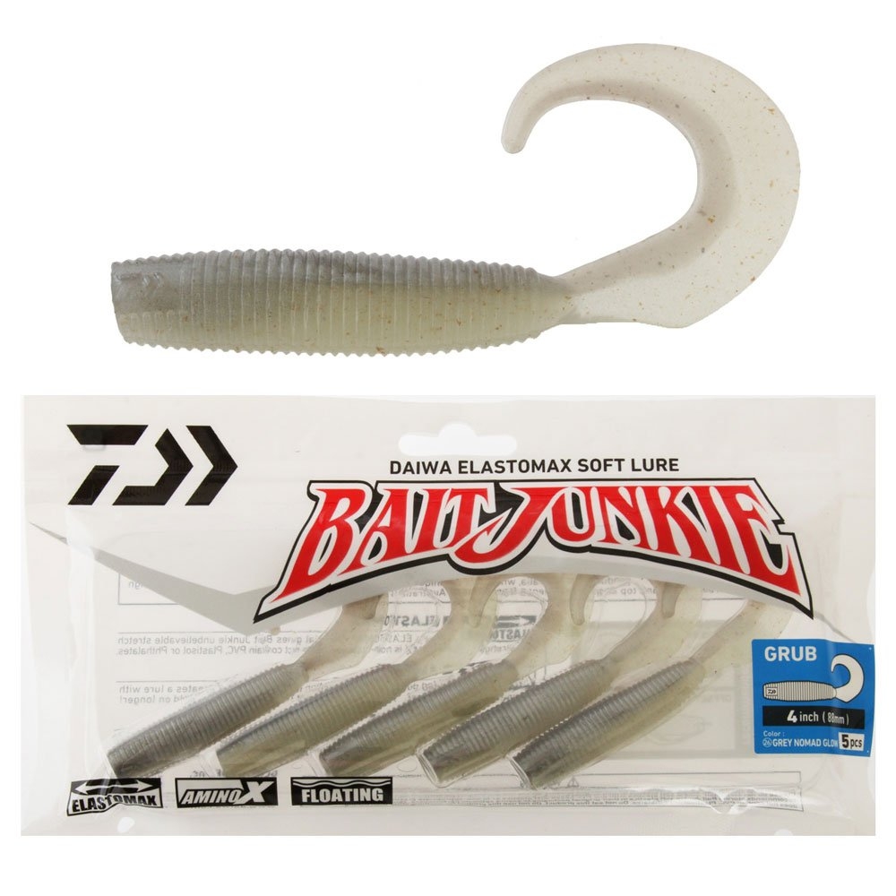 Daiwa BaitJunkie Grub Soft Bait 4in/8.8cm Qty 5 Grey Nomad Glow