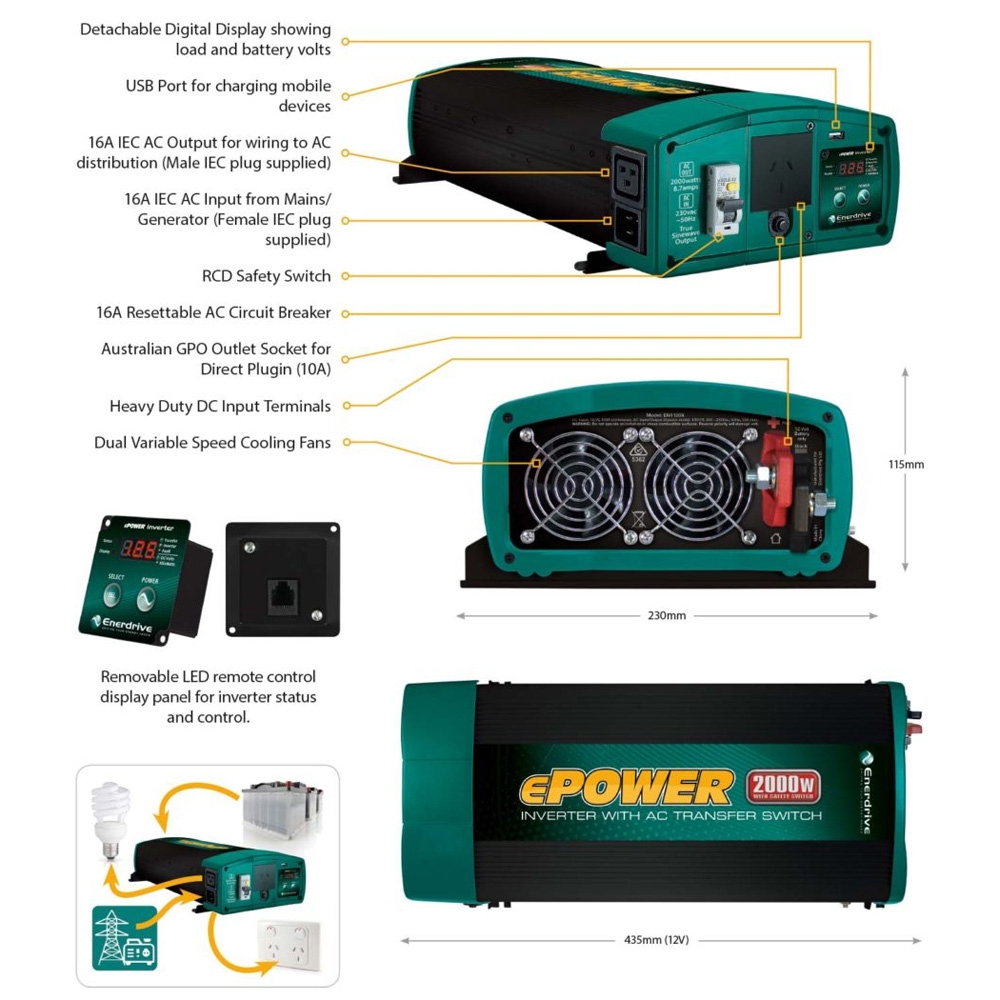 Enerdrive ePOWER True Sine Wave Inverter 2000W with AC Transfer & Safety Switch
