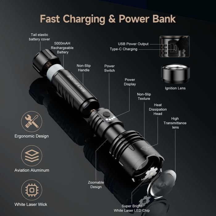 SKYFIRE 1376J Rechargeable Long-Range LED Torch 1387 Lumens