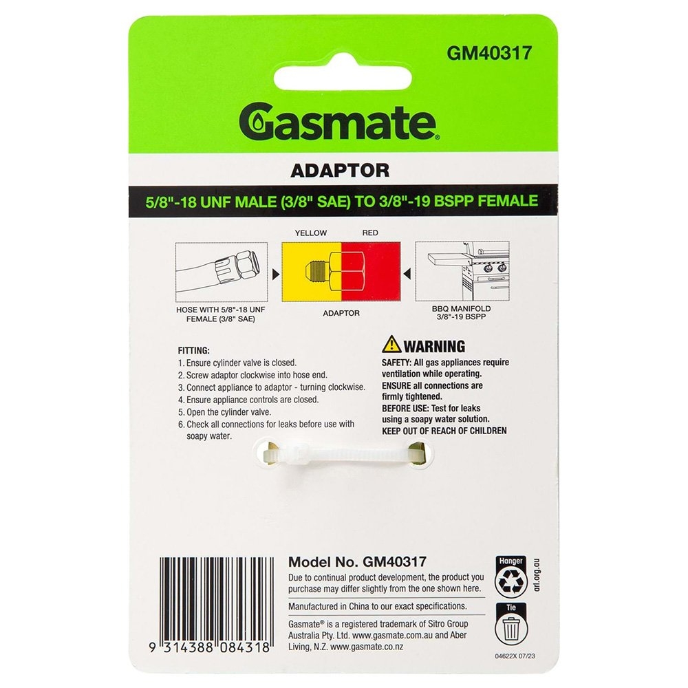 Gasmate GM40317 Hose Outlet Adaptor 5/8in UNF Male to 3/8in BSPP Female