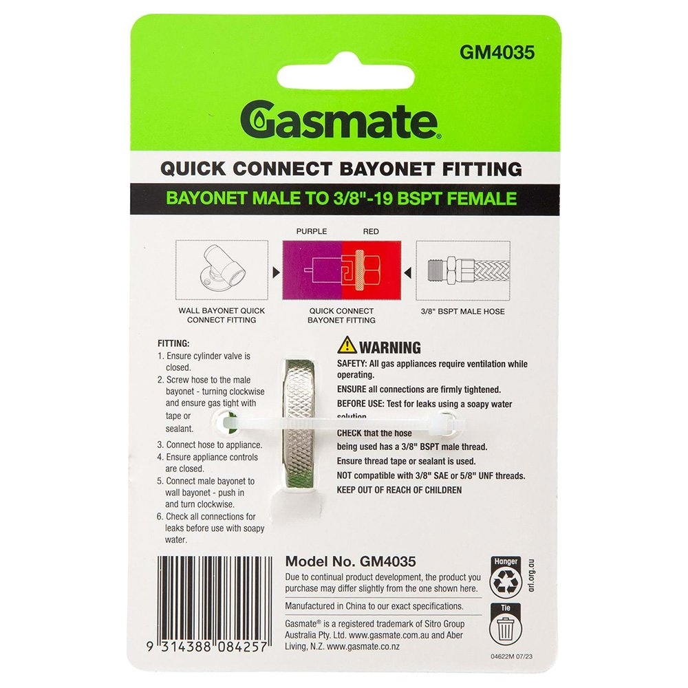Gasmate GM4035 Quick Connect Bayonet Fitting to 3/8in BSPT