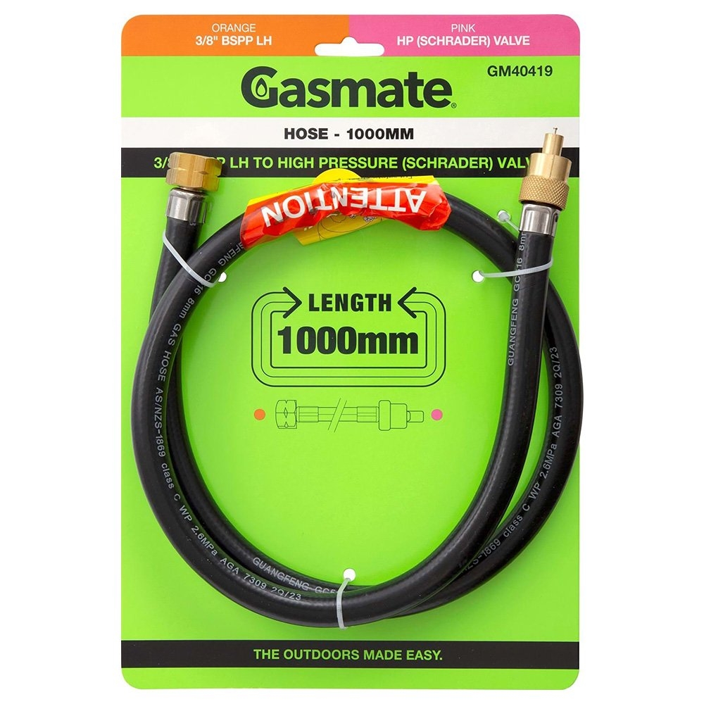 Gasmate GM40419 LPG Hose 1000mm 3/8in BSPP LH Female to High Pressure Schrader Valve
