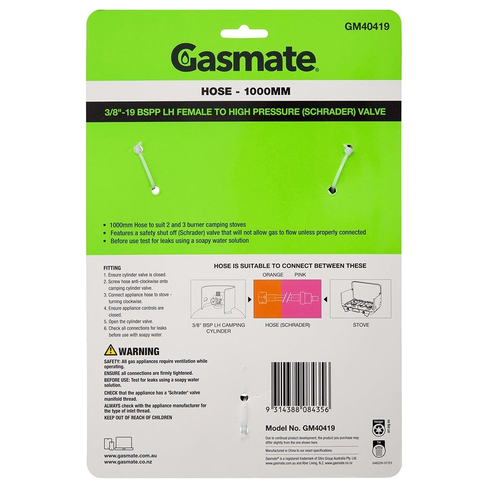 Gasmate GM40419 LPG Hose 1000mm 3/8in BSPP LH Female to High Pressure Schrader Valve