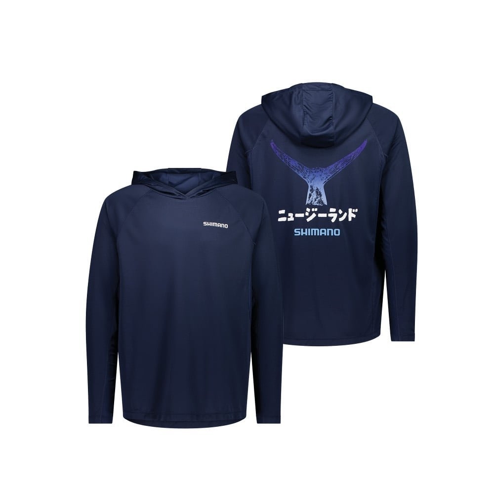 Shimano Gyotaku Mens Long Sleeve Hooded Tech Tee UPF50+ Marlin Tail