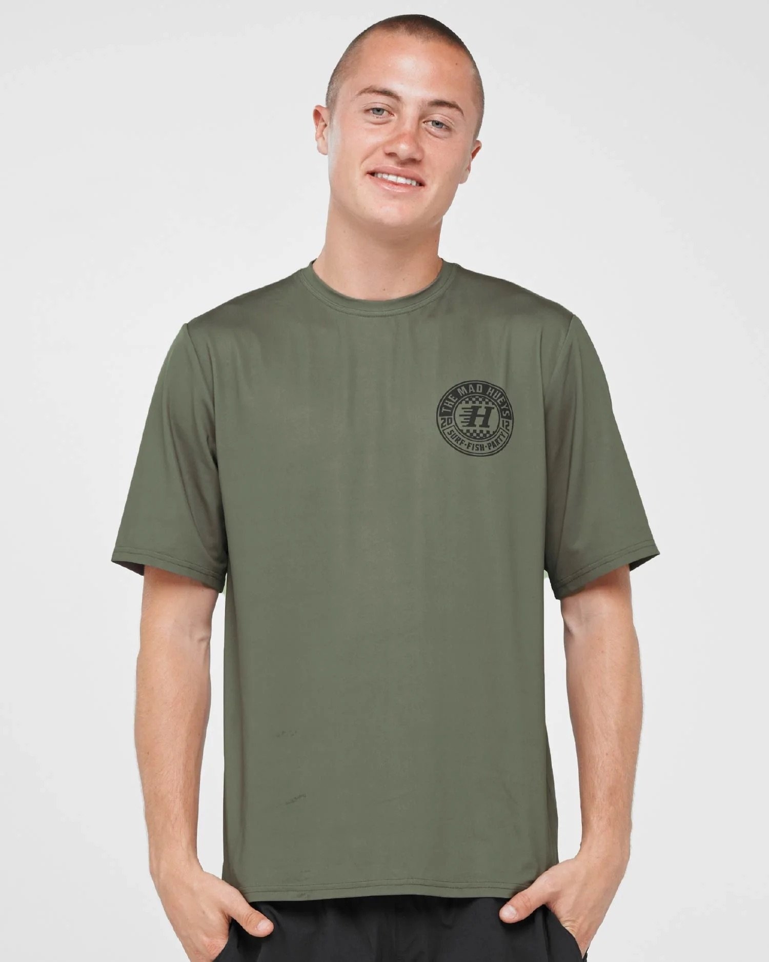 The Mad Hueys Checker Hueys Mens Relaxed Short Sleeve Rashie UPF50+ Olive