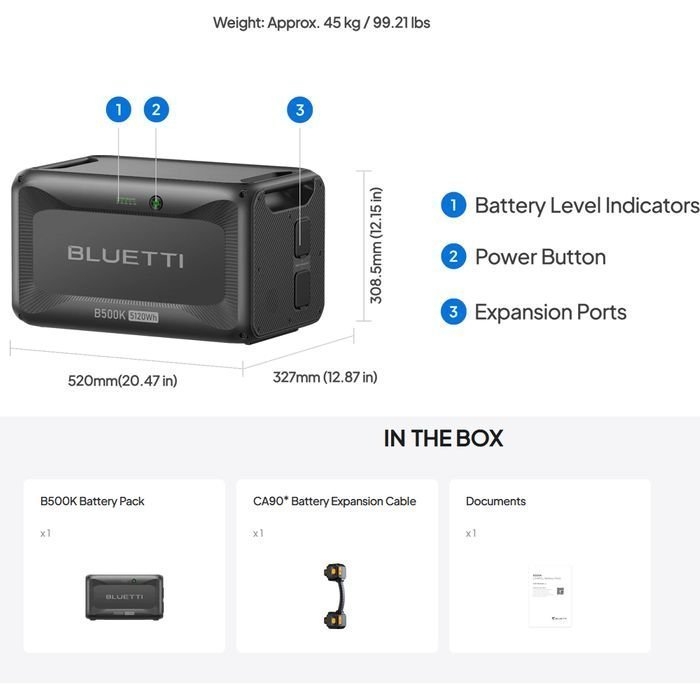 BLUETTI B500K Expansion Battery and USB/12VDC Power Station 5120Wh