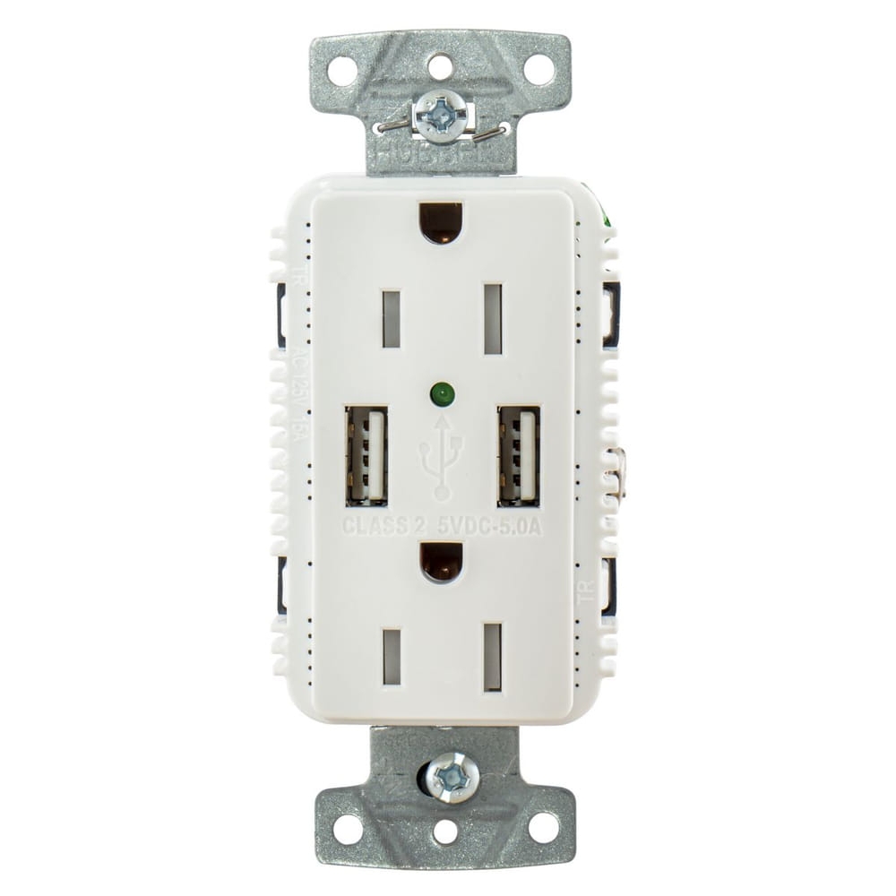 Hubbell USB15A5W Dual Outlet White 15A 125v 2-Pole and Dual 5A 5v USB Ports