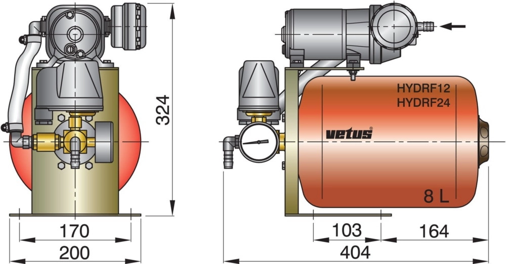 VETUS Pressurised Water System 12 Volt Deluxe with 8 Litre Tank VETUS Pressurised Water System 12 Volt Deluxe with 8 Litre Tank