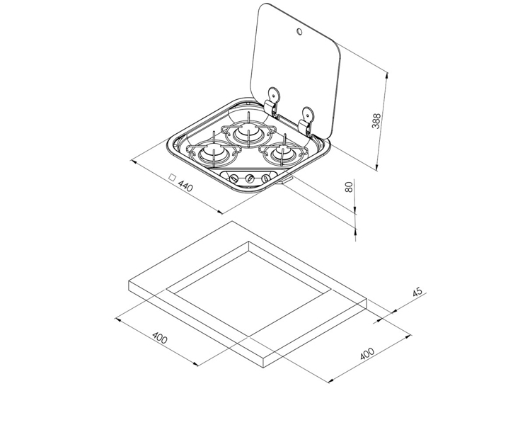 CAN 3 Burner Gas Hob with Glass Lid