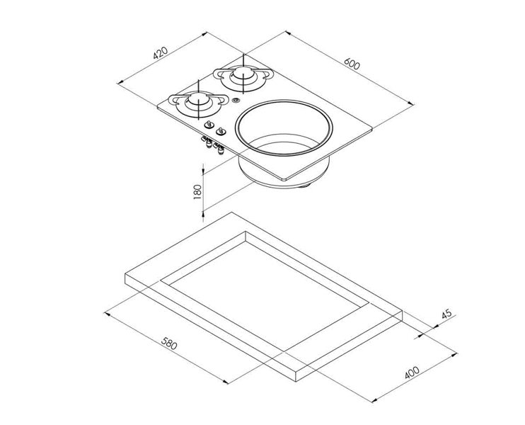 CAN 2 Burner Gas Hob and Sink with Crystal Finish