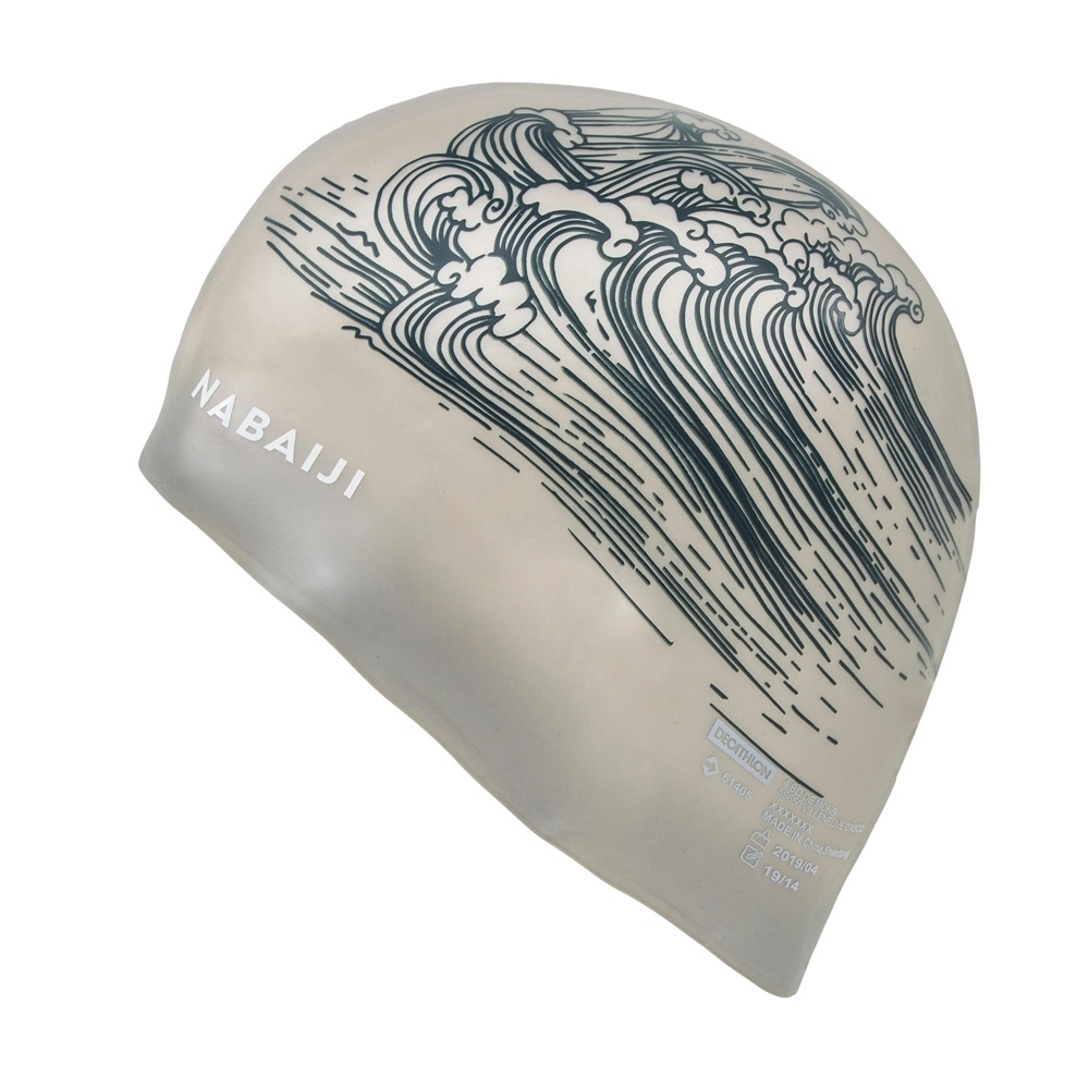 Nabaiji 500 Adult Silicone Swim Cap Volume Black Sea Print