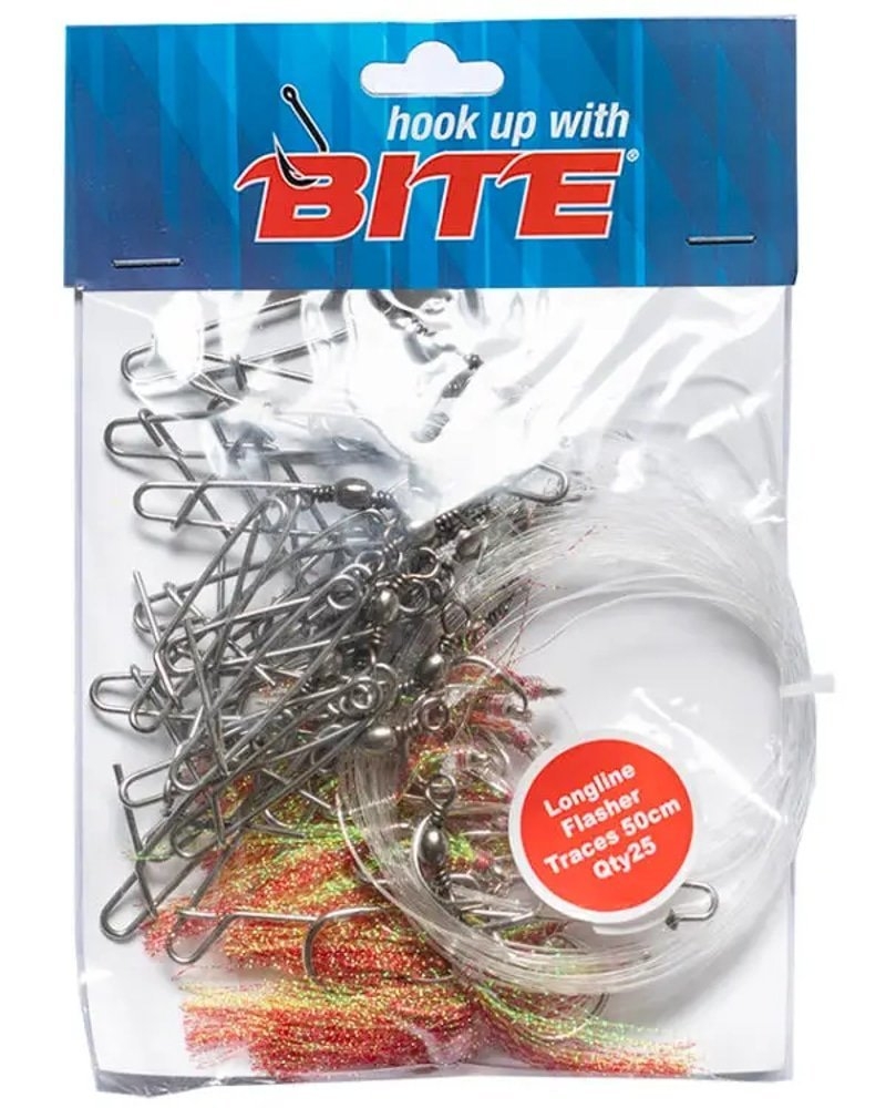 Bite Longline Traces Flasher with Standard Clip 50cm Qty 25