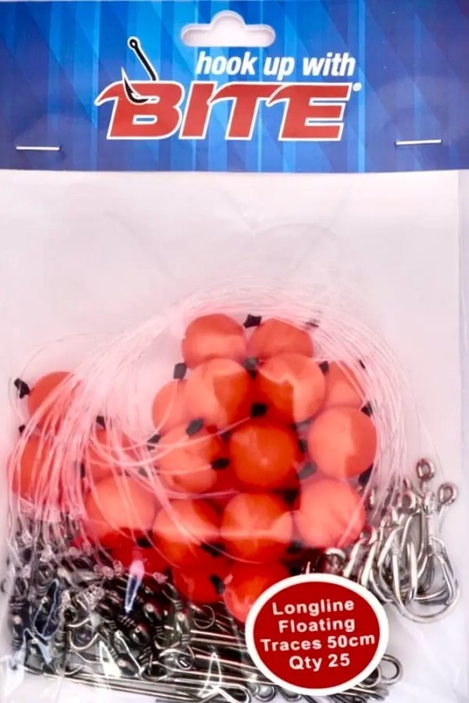 Bite Longline Floating Traces with Standard Clip 50cm Qty 25